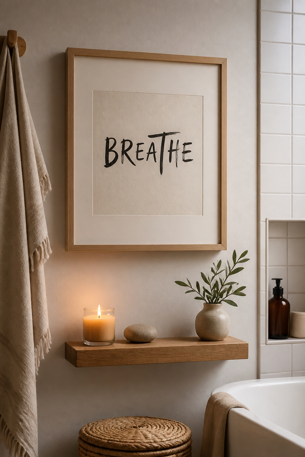 A hand-lettered BREATHE print in brush calligraphy above a shelf of candles — private art for the most personal room.