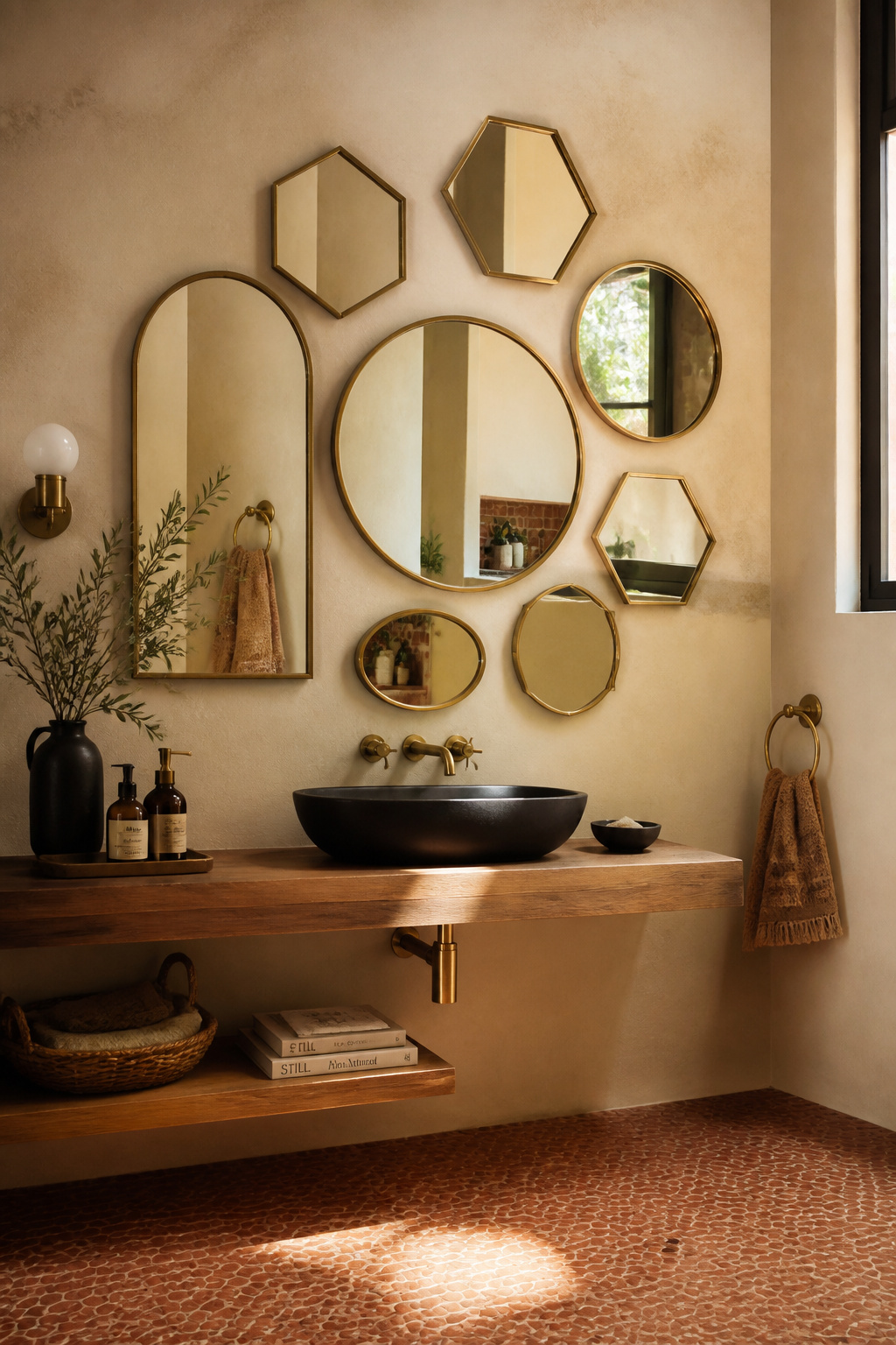 Seven brass-framed mirrors in varied shapes create a kinetic mirror arrangement that multiplies light in a warm plaster space.