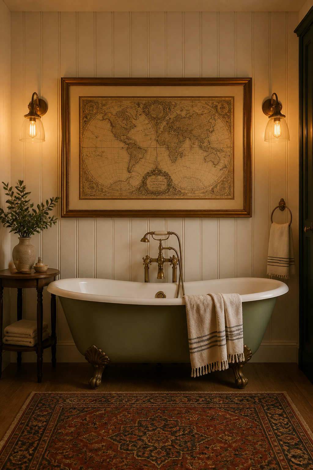 A large antique world map in a gilt frame transforms the space above a sage green clawfoot tub into a room worth looking at slowly.