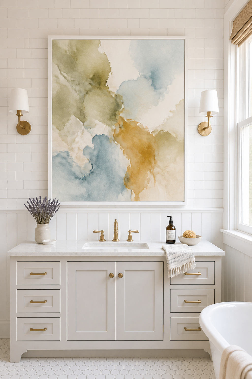 An oversized abstract watercolor print softens the geometric rigidity of white subway tile with washes of pale blue and sage green.