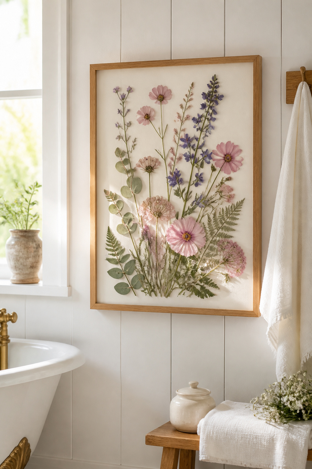 A 16x20 pressed flower arrangement in botanical pinks and purples in an oak UV-protective frame brings preserved nature to a cottage bathroom.