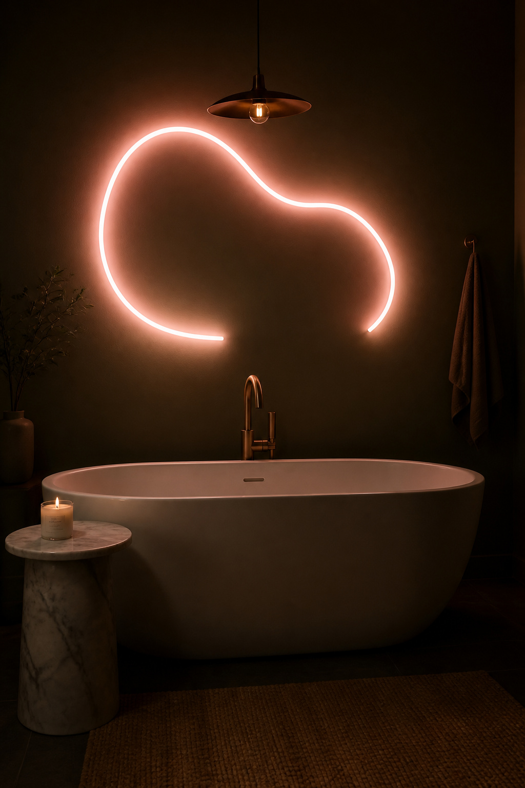 A blush pink LED neon arch above a freestanding tub on an olive wall — bathroom wall decor that doubles as evening ambient lighting.