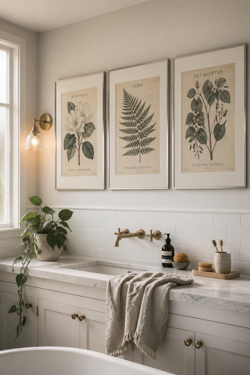 A botanical print triptych in aluminium frames creates a spa-like focal point above a white marble vanity.