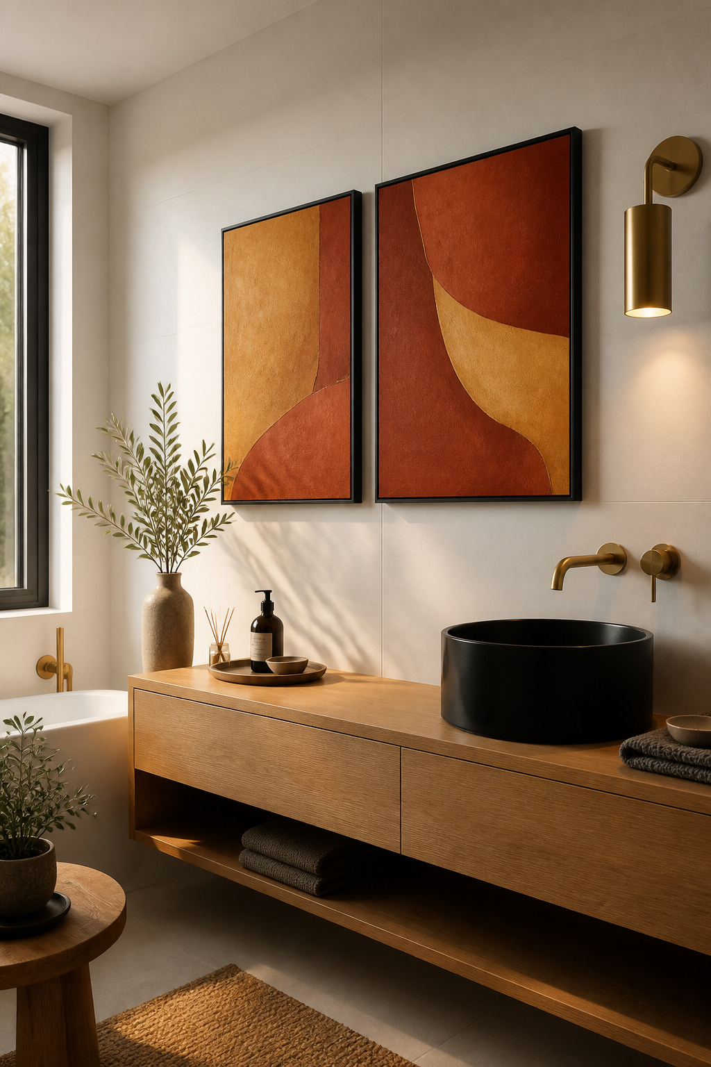 A diptych of abstract canvas prints in aluminium float frames brings gallery-quality contemporary prints in a warm white space.