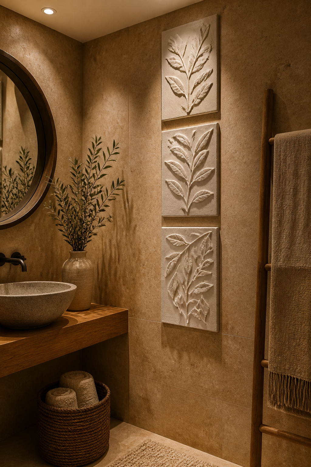 Three ceramic leaf relief panels create moving shadows on a travertine bathroom wall, adding dimension no flat print can match.