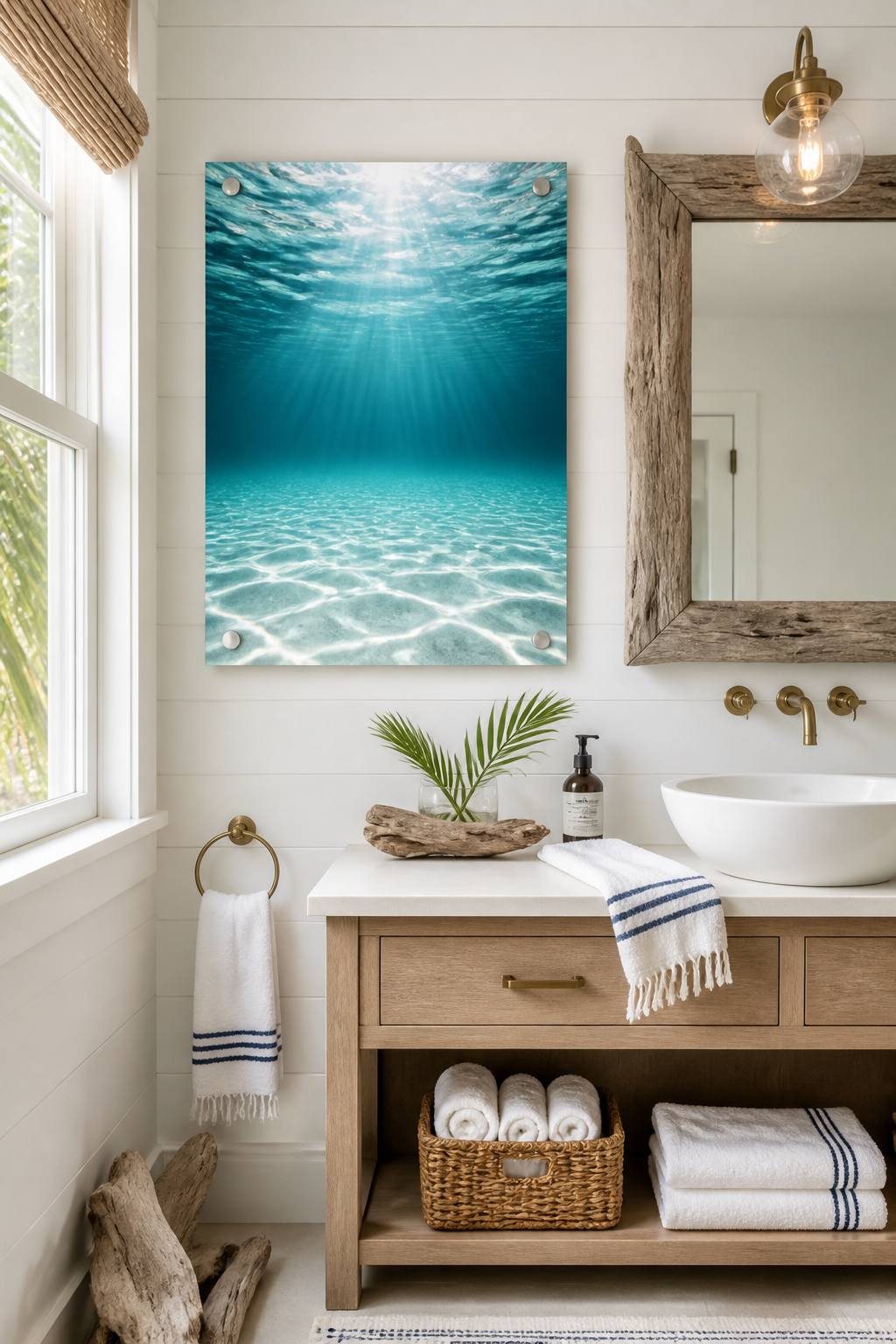 A large metal print of sunlit underwater photography transforms a shiplap bathroom into a coastal sanctuary with genuine depth and luminosity.