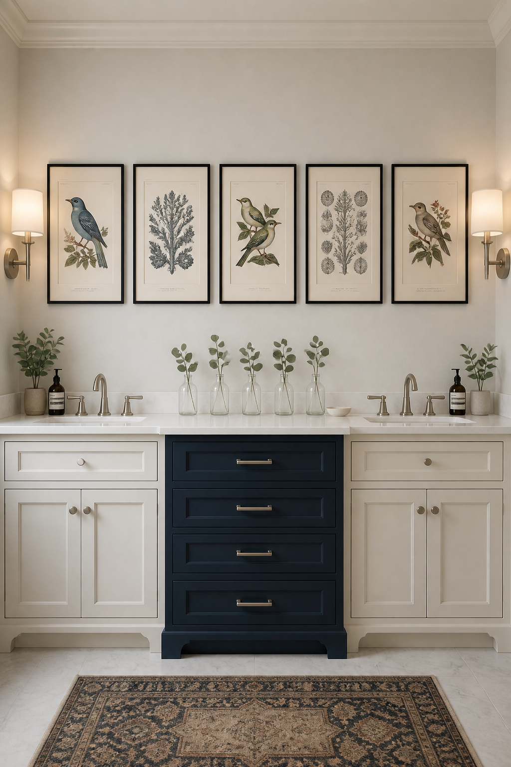 Five matching vintage natural history prints above a double vanity — Audubon birds and Haeckel botanicals in black frames — create a cohesive gallery statement from public domain art.
