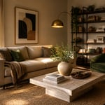 A warm, thoughtfully designed living room where color-conscious furniture choices — from the greige sofa and forest green accent chair to the jute rug and brass lighting — create a cohesive, inviting space.