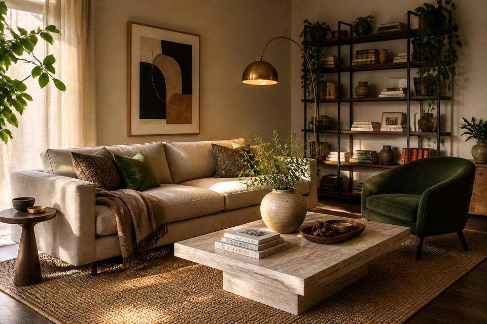A warm, thoughtfully designed living room where color-conscious furniture choices — from the greige sofa and forest green accent chair to the jute rug and brass lighting — create a cohesive, inviting space.