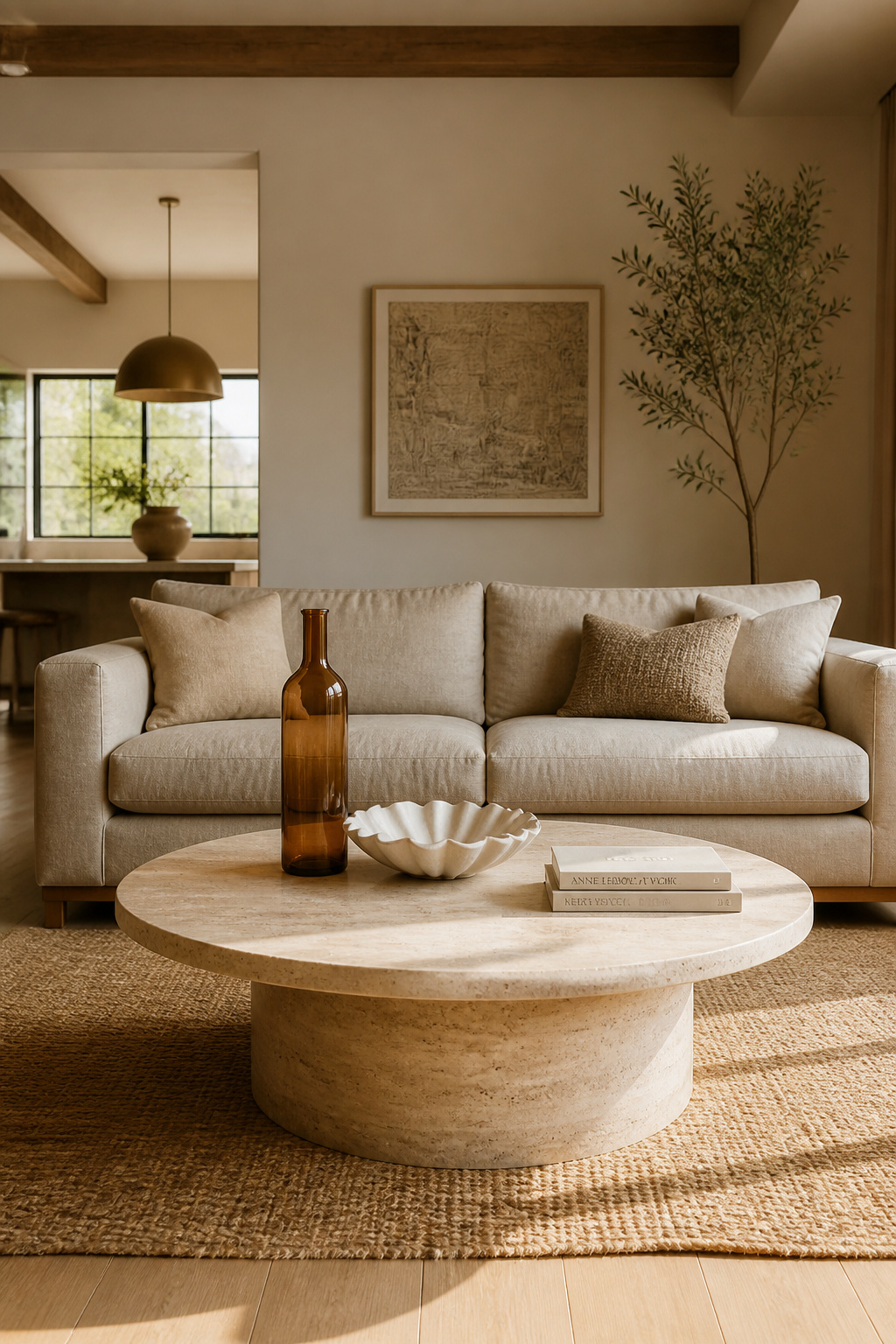 A round honed travertine coffee table styled with the rule of odd numbers — one tall vase, one sculptural bowl, one book stack — demonstrates perfect surface composition.