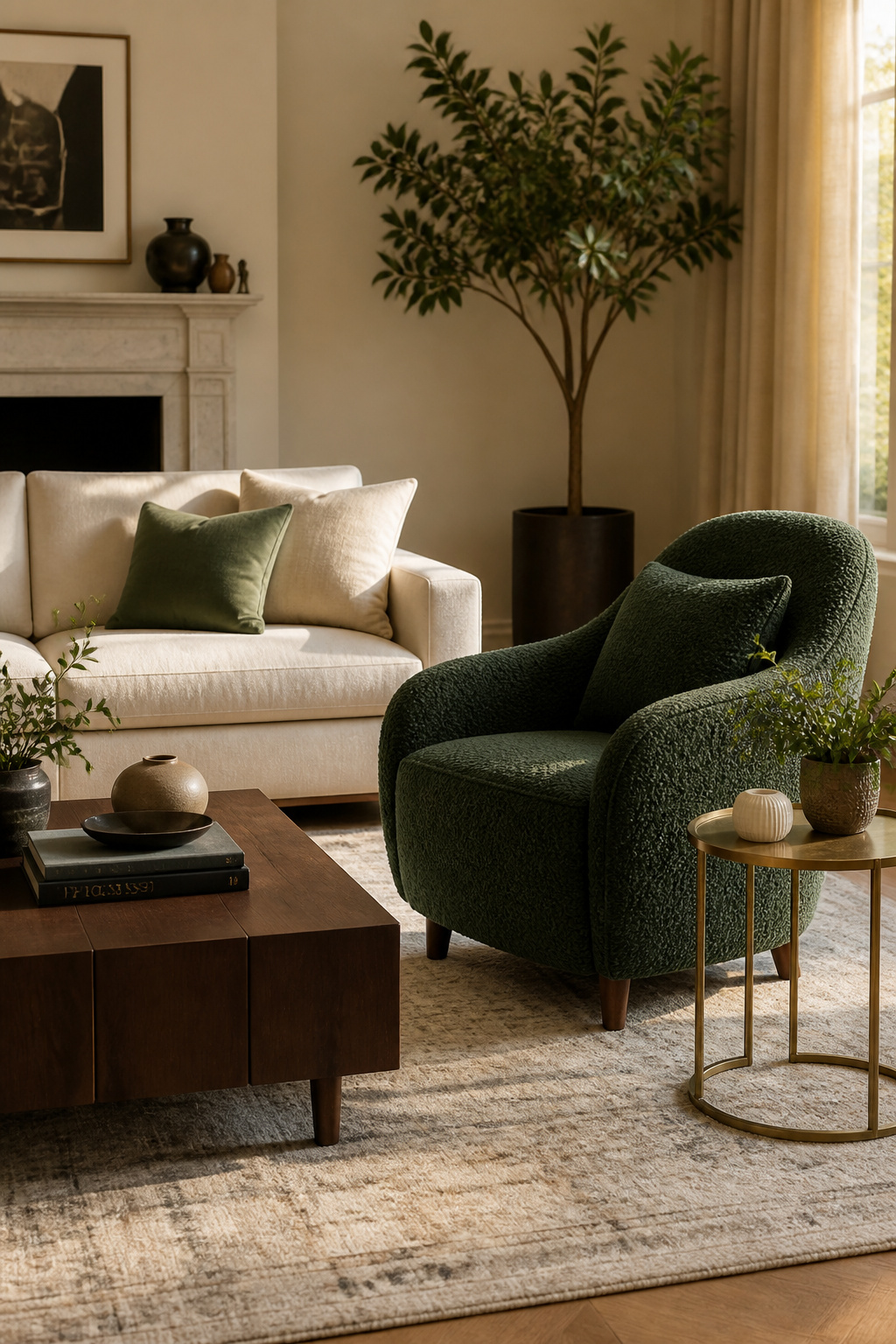 A deep bottle-green bouclé accent chair positioned at a conversational angle to a warm ivory sofa — the color contrast creates personality without clashing.