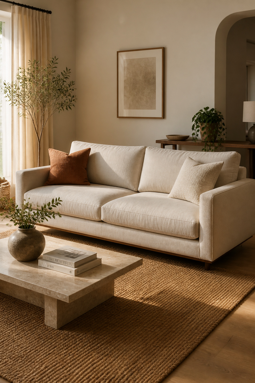A warm cream linen sofa floated from the wall on a jute rug, with rust and ivory throw pillows — a masterclass in using the sofa as the room's emotional anchor.