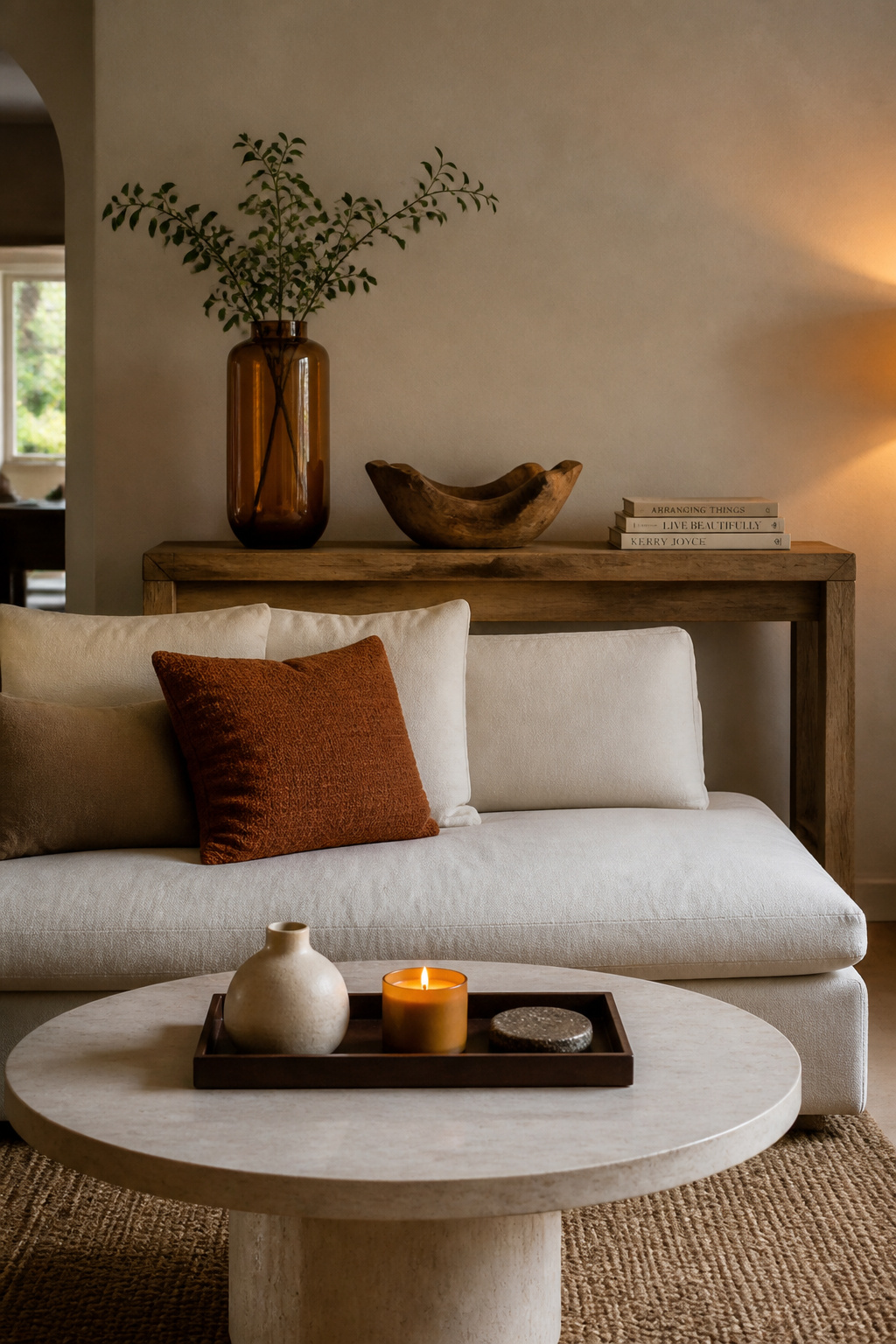 A console table with an odd-number grouping of amber vase, carved bowl, and art books; a coffee table tray composition — the 30% negative space is what makes it curated, not crowded.