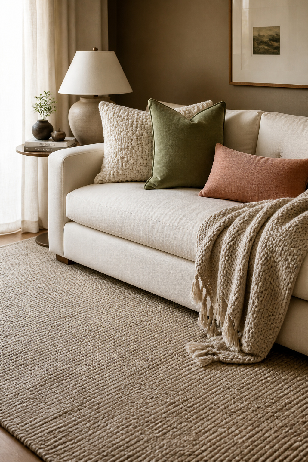 Three pillows in varied textures — chunky knit, velvet, and linen — with a casually draped throw demonstrate the art of layering textiles without visual noise.