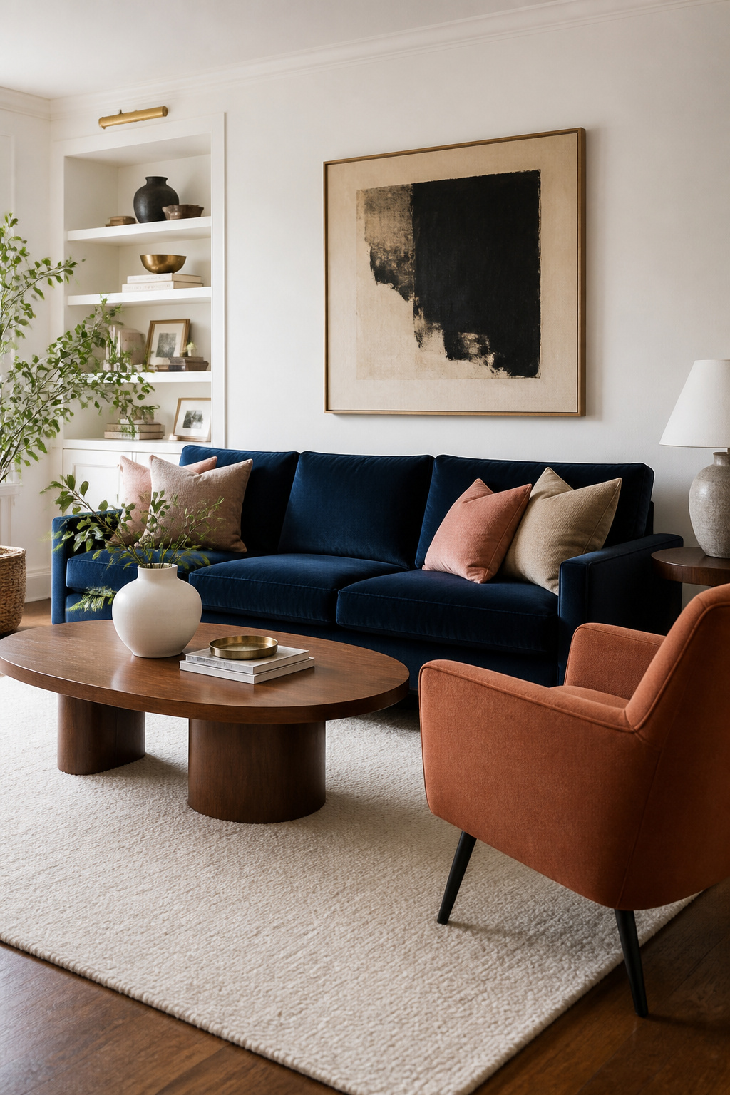 A deep navy velvet sofa, terracotta linen accent chair, and warm sand throw pillows demonstrate the 60-30-10 color rule applied across living room furniture.
