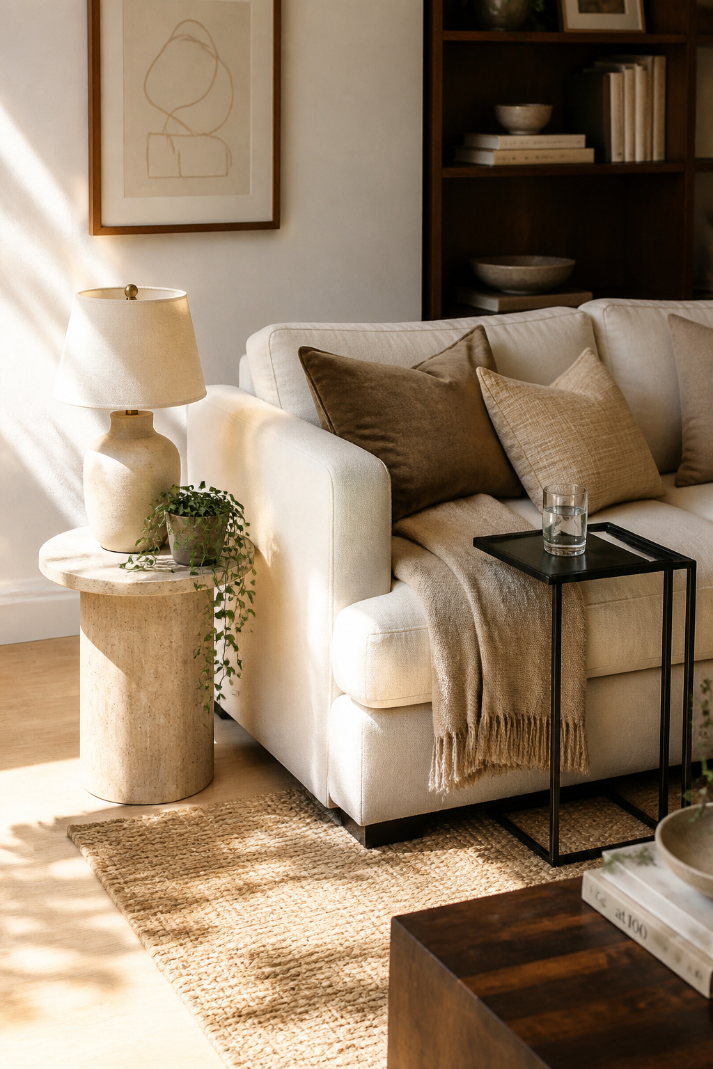 A round travertine side table and a C-table at opposite sofa ends — mismatched in material but matched in height, demonstrating the art of the curated mixed side table approach.