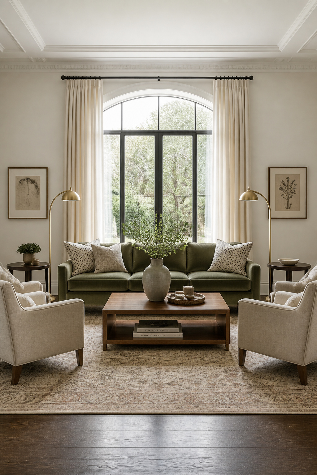 A symmetrically arranged living room with sage sofa flanked by matching linen armchairs and brass lamps — the mirror-image layout creates the calm and order that psychology research confirms.