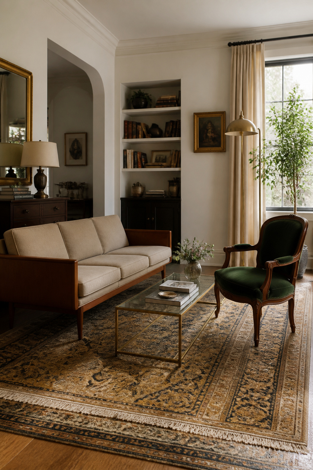 A mid-century teak sofa, antique mahogany armchair in reupholstered green velvet, and a contemporary brass-and-glass coffee table — unified by warm wood tones, proof that mixing periods works.