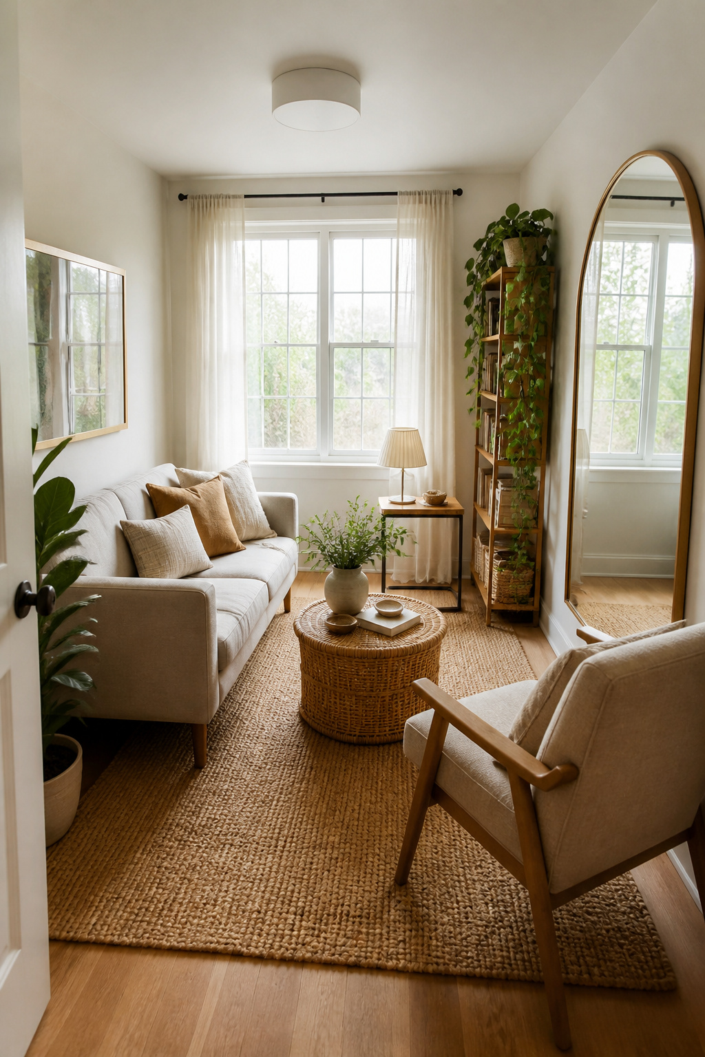 A small living room maximized with exposed-leg furniture, a correctly sized jute rug, a C-table, and a large arched mirror — proving that scale-appropriate decor transforms tight spaces.