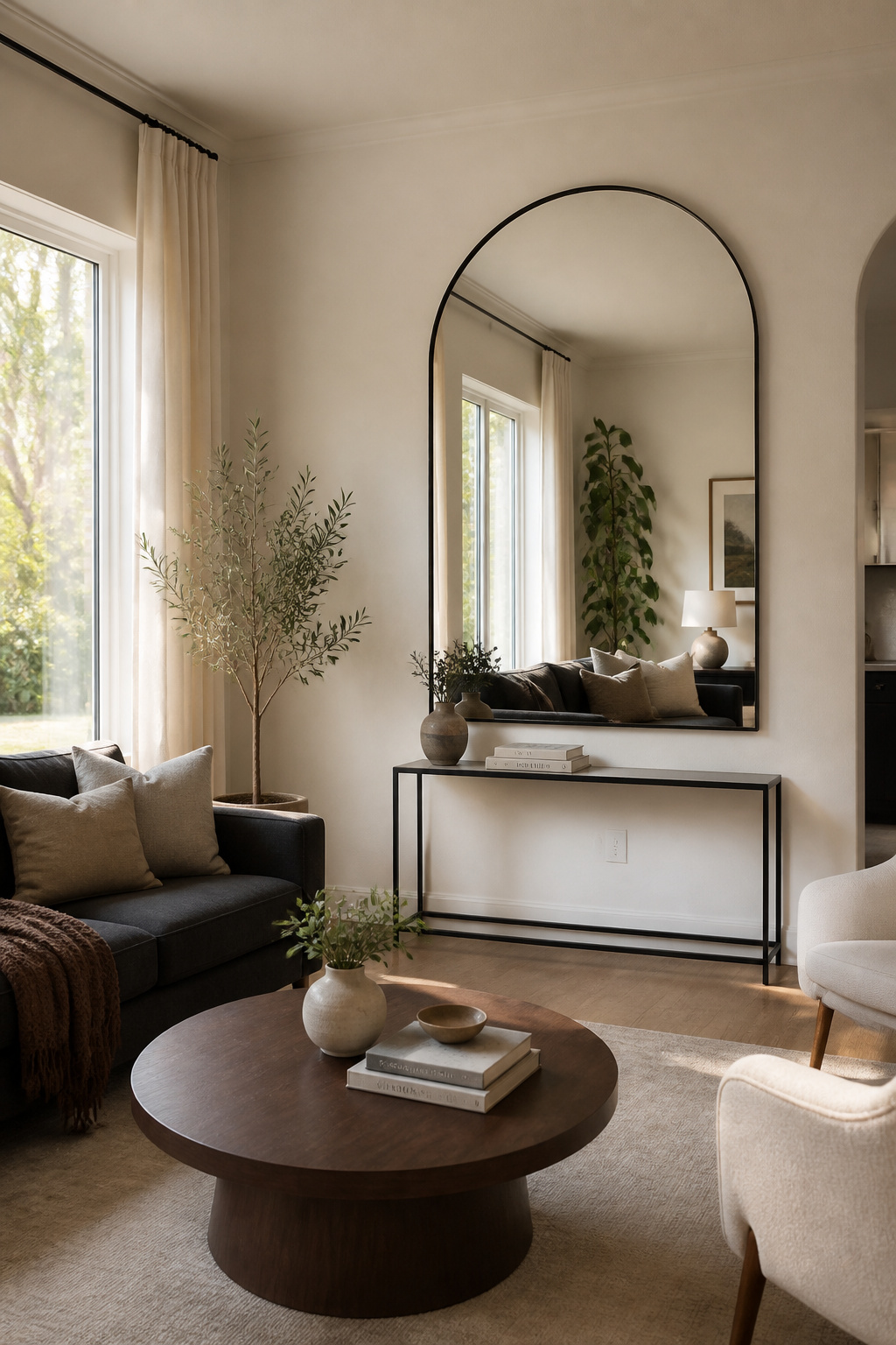 A large arched mirror hung opposite a window reflects natural light across a grey sofa and walnut coffee table — the same room, measurably brighter.