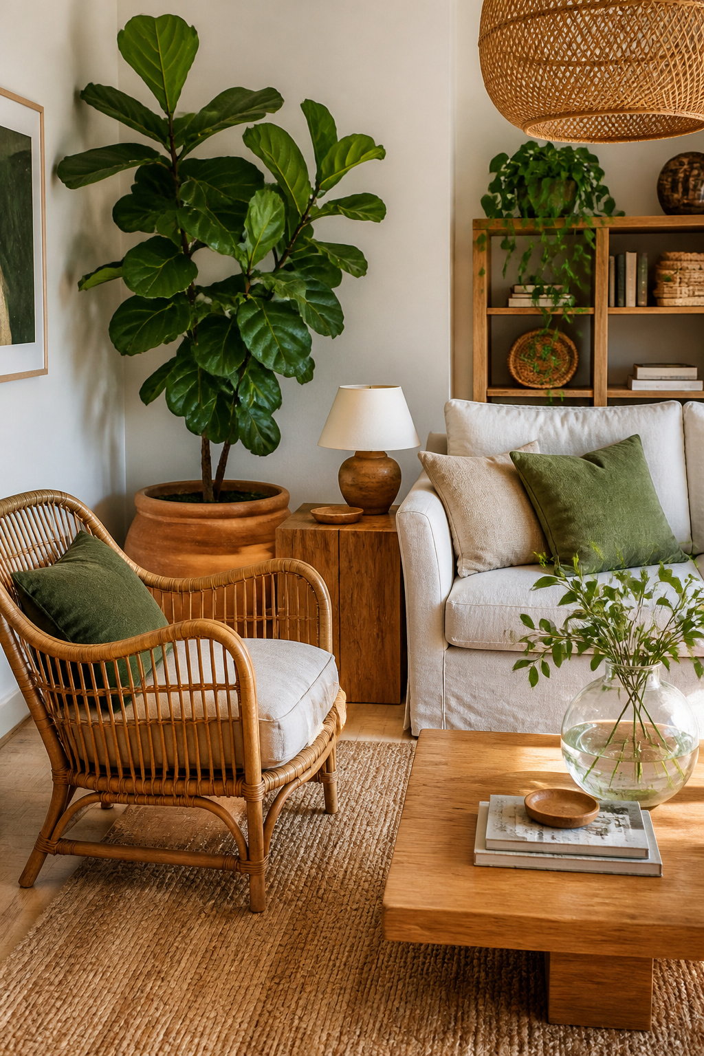Rattan chair, jute rug, oak side table, fiddle-leaf fig, and trailing pothos create a biophilic living room palette — one clear glass vase provides the contrast that keeps it grounded.