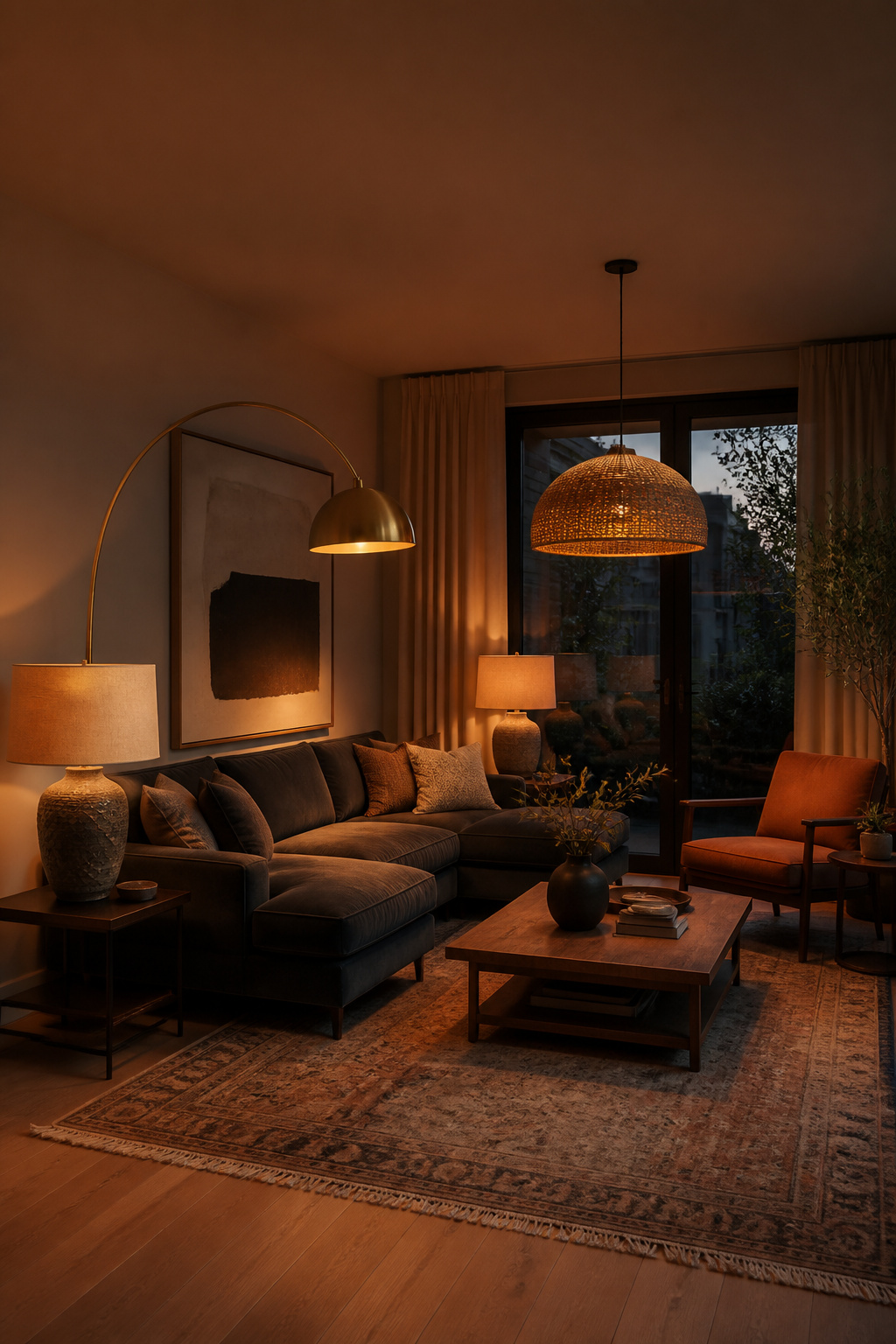 A living room at dusk lit entirely by a brass arc floor lamp and table lamps at 2700K — the warm light pool transforms dark grey furniture into something genuinely inviting.