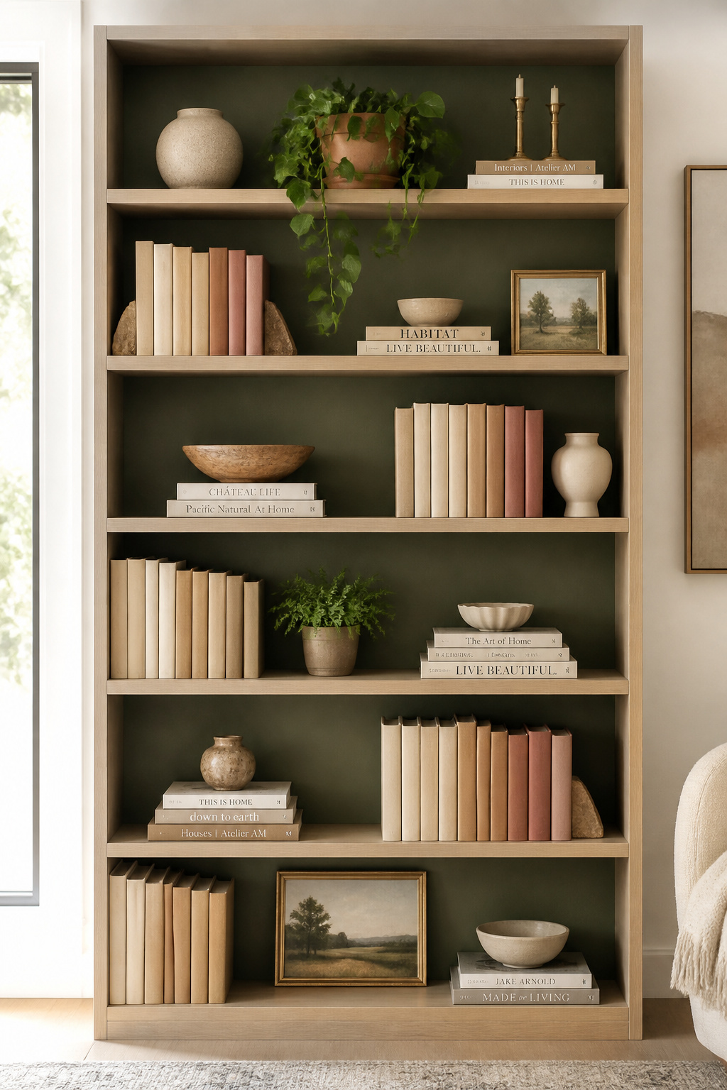 A white oak bookshelf with a deep sage interior back, color-blocked linen-spined books, and a trailing pothos — the 70/30 fill ratio creates curation, not clutter.