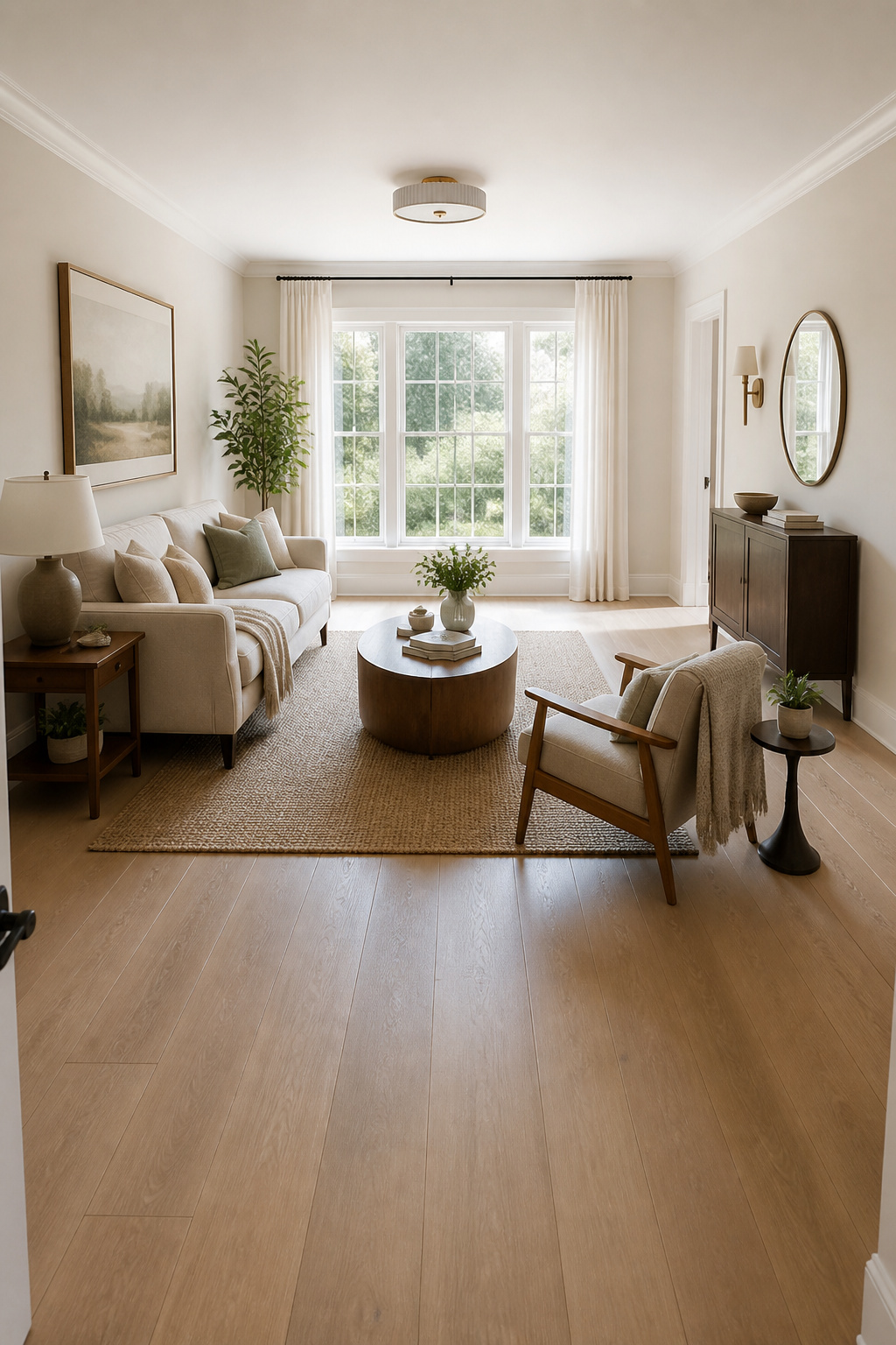 A living room where every clearance is correct — 16 inches between sofa and coffee table, furniture floated from the wall, 60% floor coverage — demonstrating how scale and proportion create navigable comfort.
