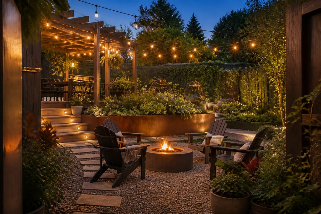 A layered backyard at golden hour — fire pit circle, overhead string lights, raised steel planters, and a deep green painted fence — shows how multiple yard decor ideas work together to create a space that feels designed from the first glance.