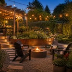 A layered backyard at golden hour — fire pit circle, overhead string lights, raised steel planters, and a deep green painted fence — shows how multiple yard decor ideas work together to create a space that feels designed from the first glance.