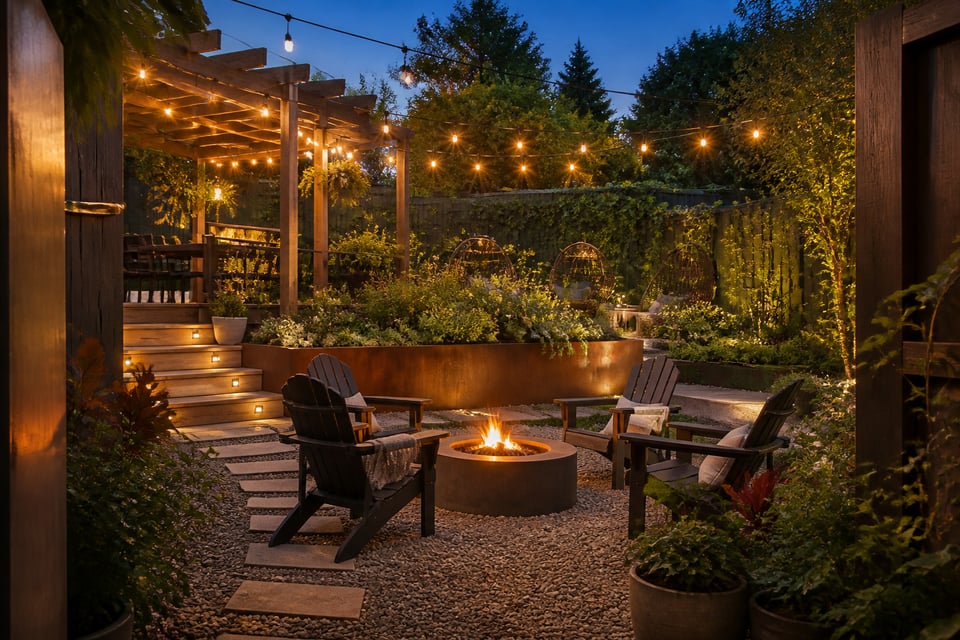 A layered backyard at golden hour — fire pit circle, overhead string lights, raised steel planters, and a deep green painted fence — shows how multiple yard decor ideas work together to create a space that feels designed from the first glance.