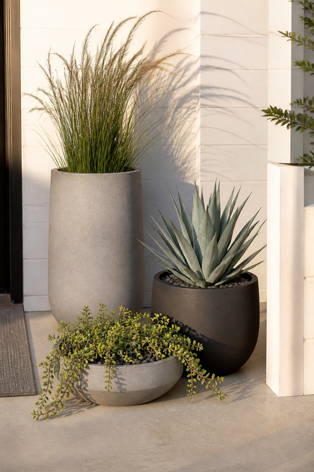 A trio of fiberglass planters in graduated heights frames a patio entrance with the architectural confidence of a gallery installation.