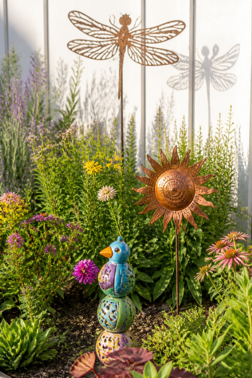 Metal and ceramic garden stakes at graduated heights give a planted bed three-dimensional depth and the visual richness of a curated outdoor gallery.