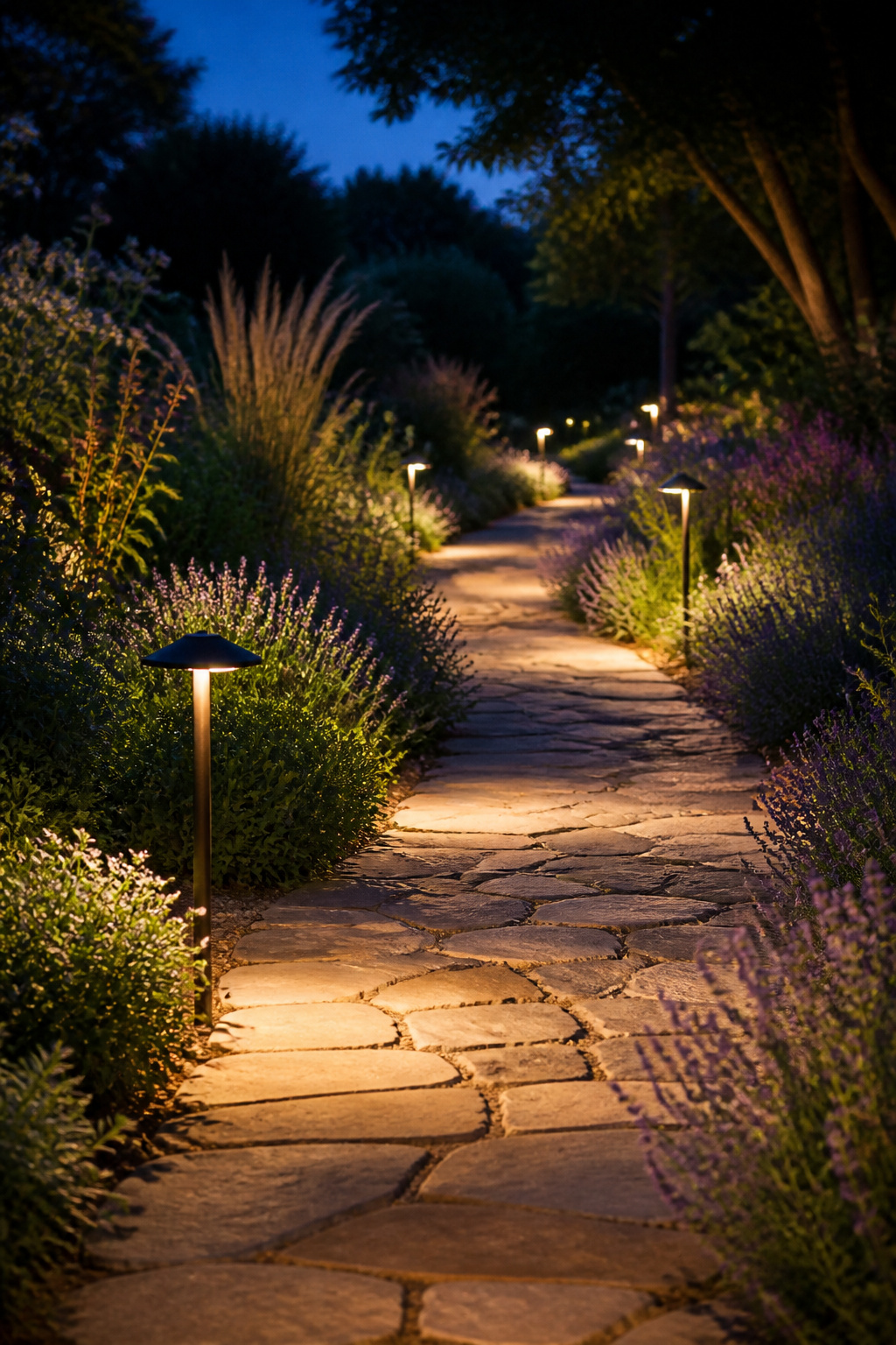 Staggered low-voltage path stakes create a glowing garden corridor that guides guests through the yard while making every planting alongside it look intentional.