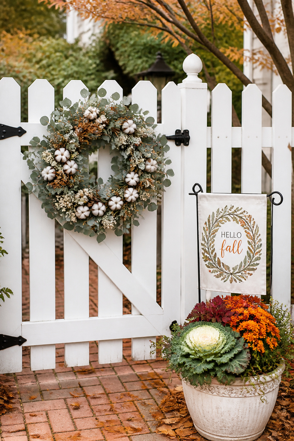 A weatherproof eucalyptus wreath on the fence gate, a botanical garden flag, and a seasonal planter turn a front yard entry into a welcoming seasonal statement.