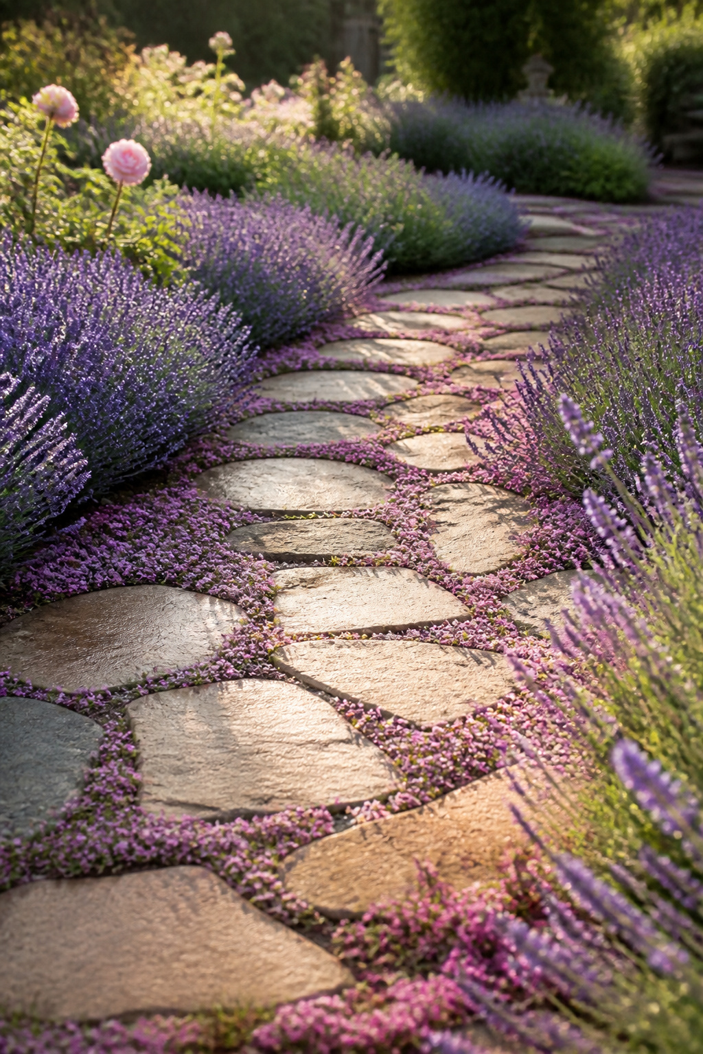 An irregular flagstone path with creeping thyme in the gaps and dwarf lavender edging turns a simple garden walkway into a fragrant, sensory experience.