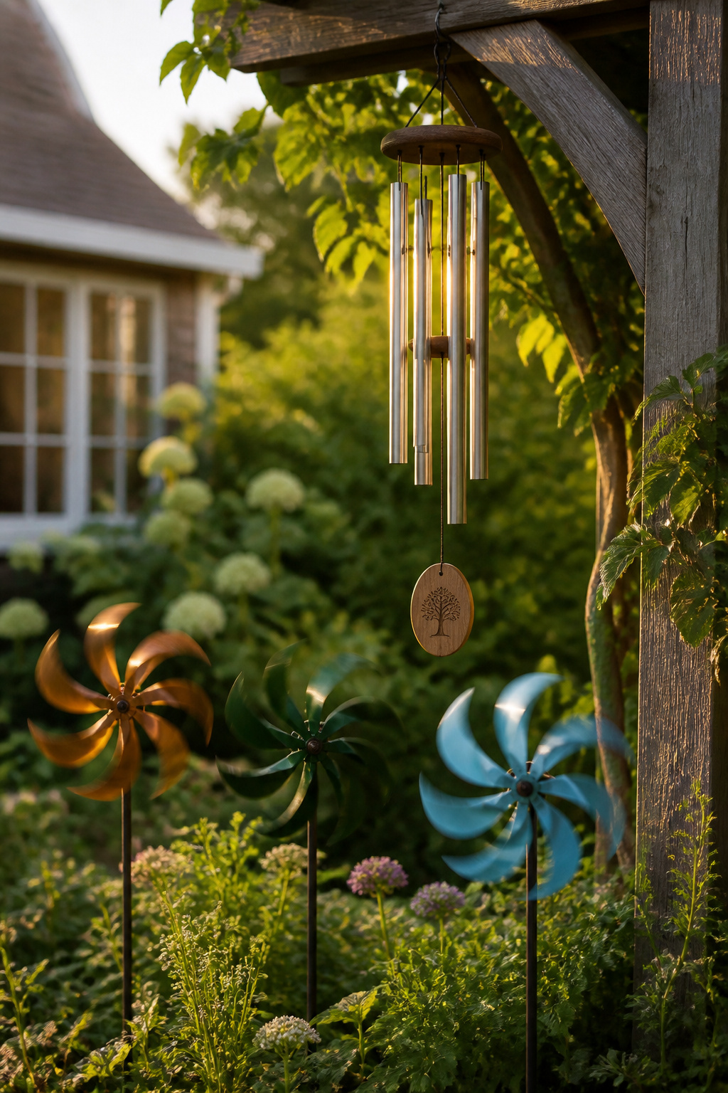 Aluminum wind chimes and powder-coated steel garden spinners introduce sound and movement to a yard, creating a sensory layer that makes the space feel alive even on still days.