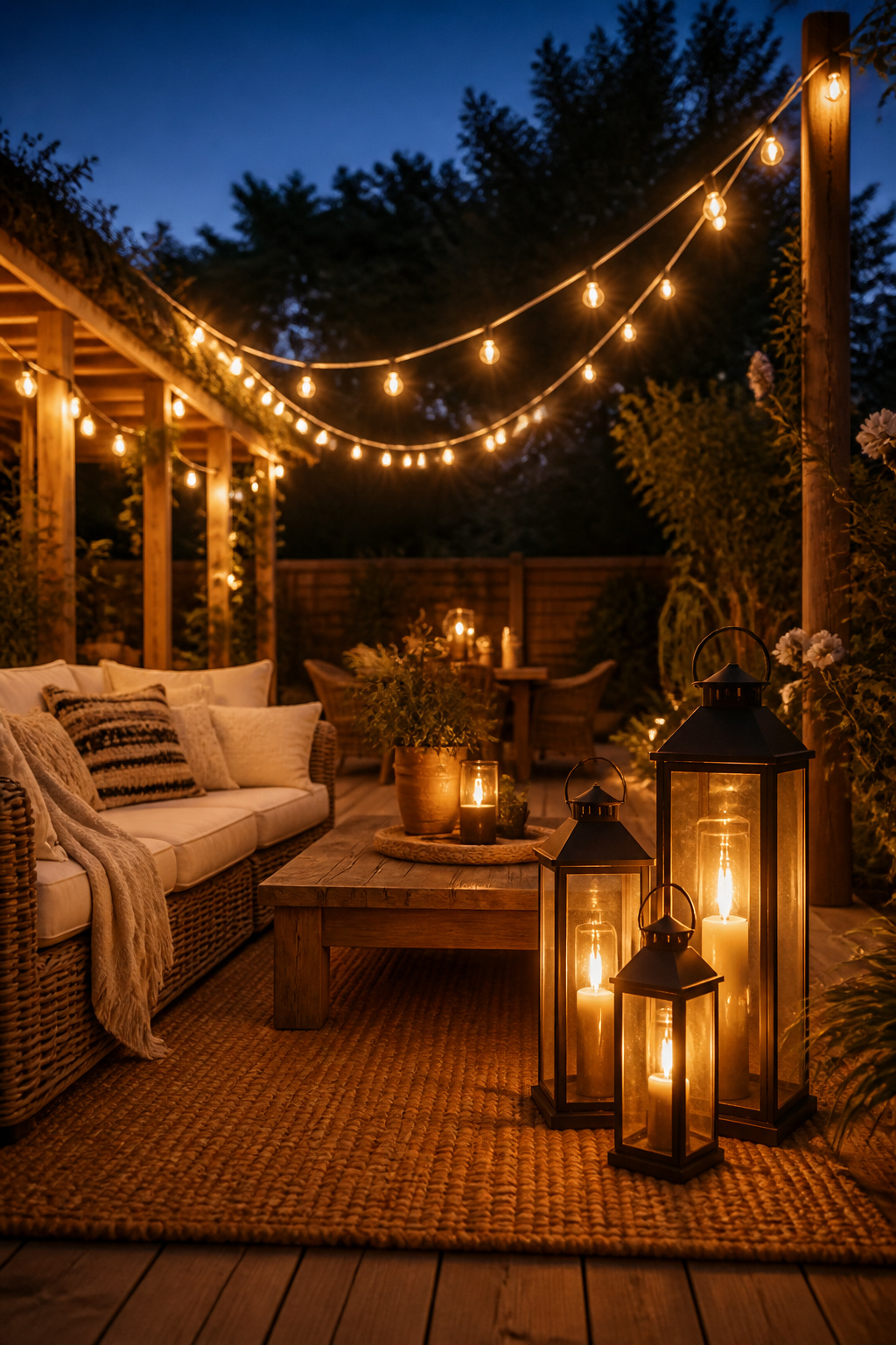 Warm Edison string lights draped between a pergola and a cedar post create the golden, stay-a-while atmosphere that makes an outdoor gathering last long past dark.