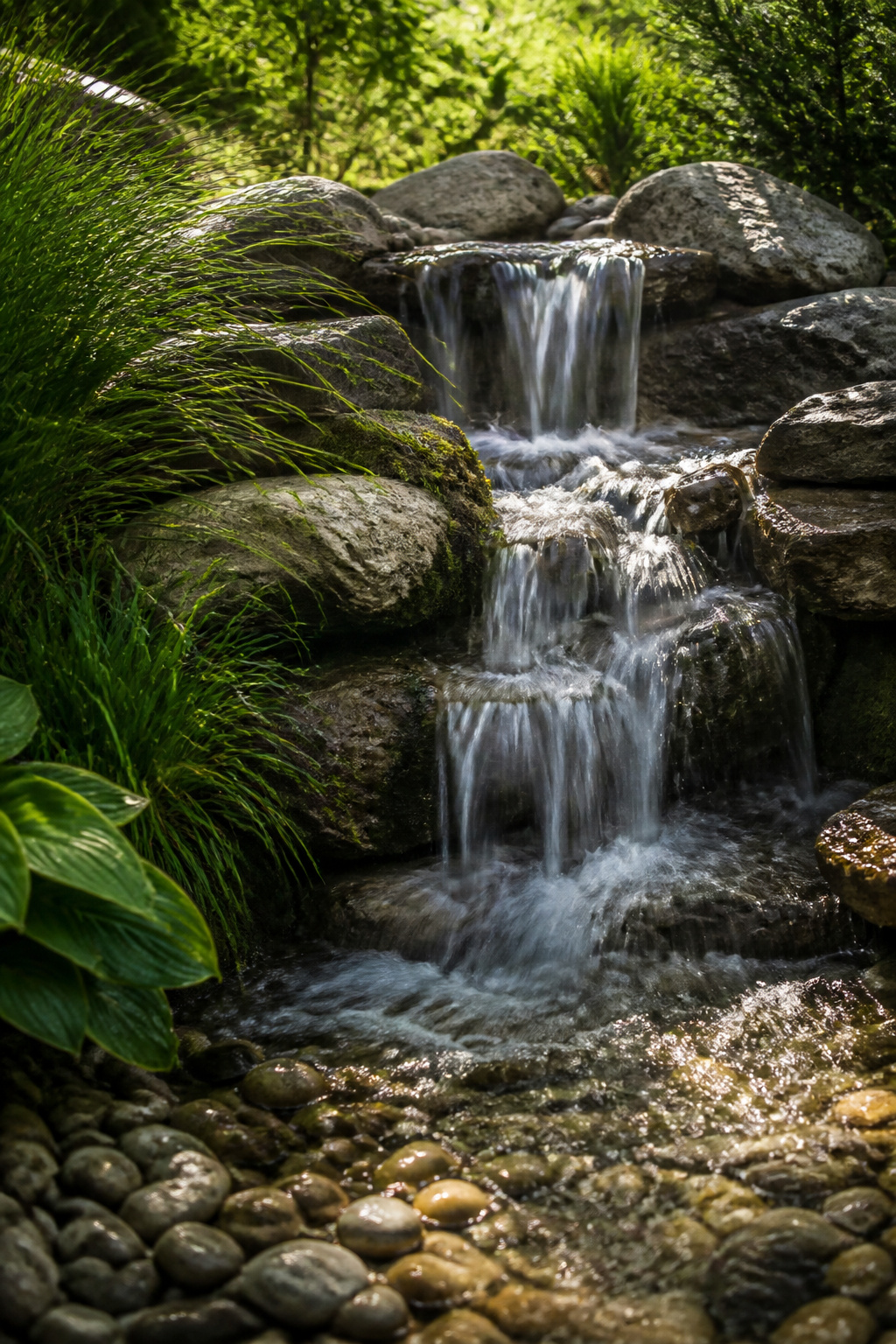 A pondless waterfall over stacked natural fieldstone brings the sound and shimmer of moving water into a yard without the maintenance demands of a full pond.