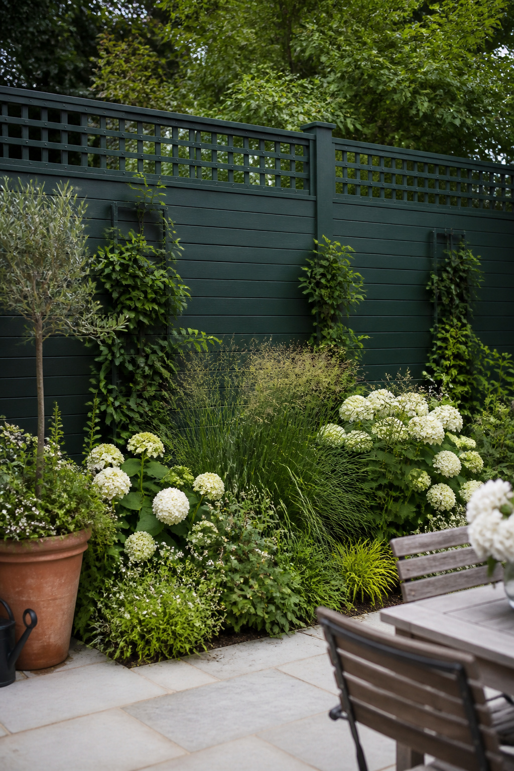 A deep forest green fence becomes the fifth wall of the outdoor room — a bold backdrop that makes the hydrangeas, ornamental grasses, and terracotta planter in front of it look gallery-curated.