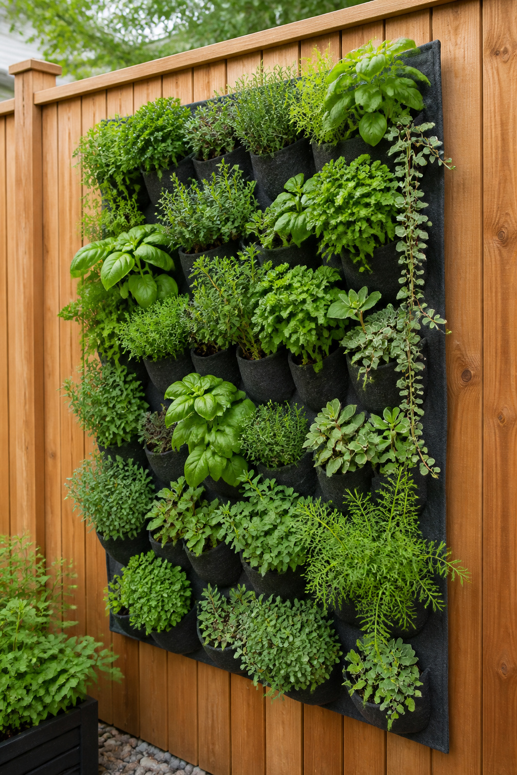 Felt pocket panels mounted on a cedar fence create a living herb wall that converts a plain boundary into a productive, fragrant, and genuinely beautiful vertical garden.