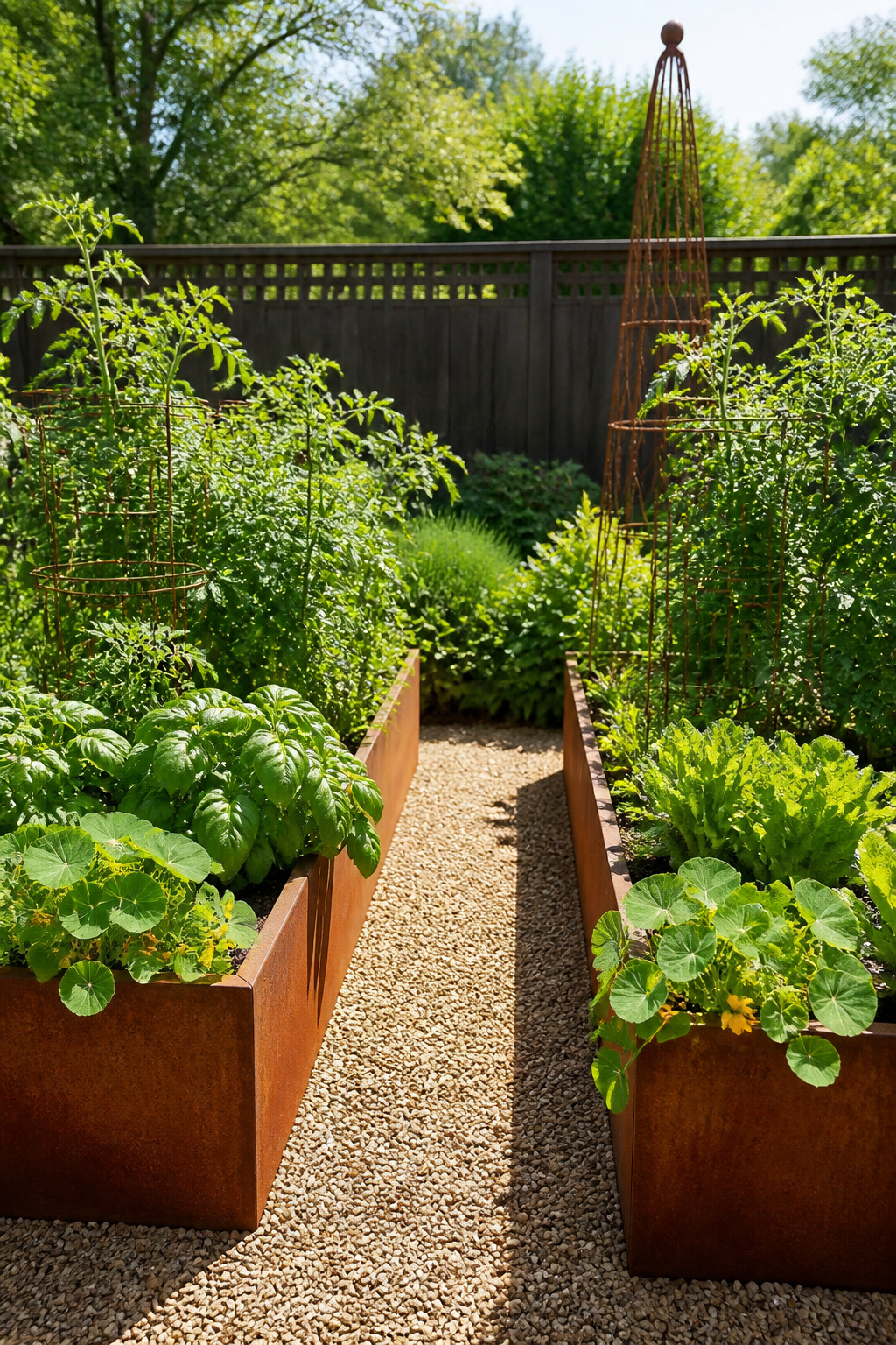 Corten steel raised beds develop a warm architectural patina while the productive planting inside turns the kitchen garden into a deliberate yard design feature.