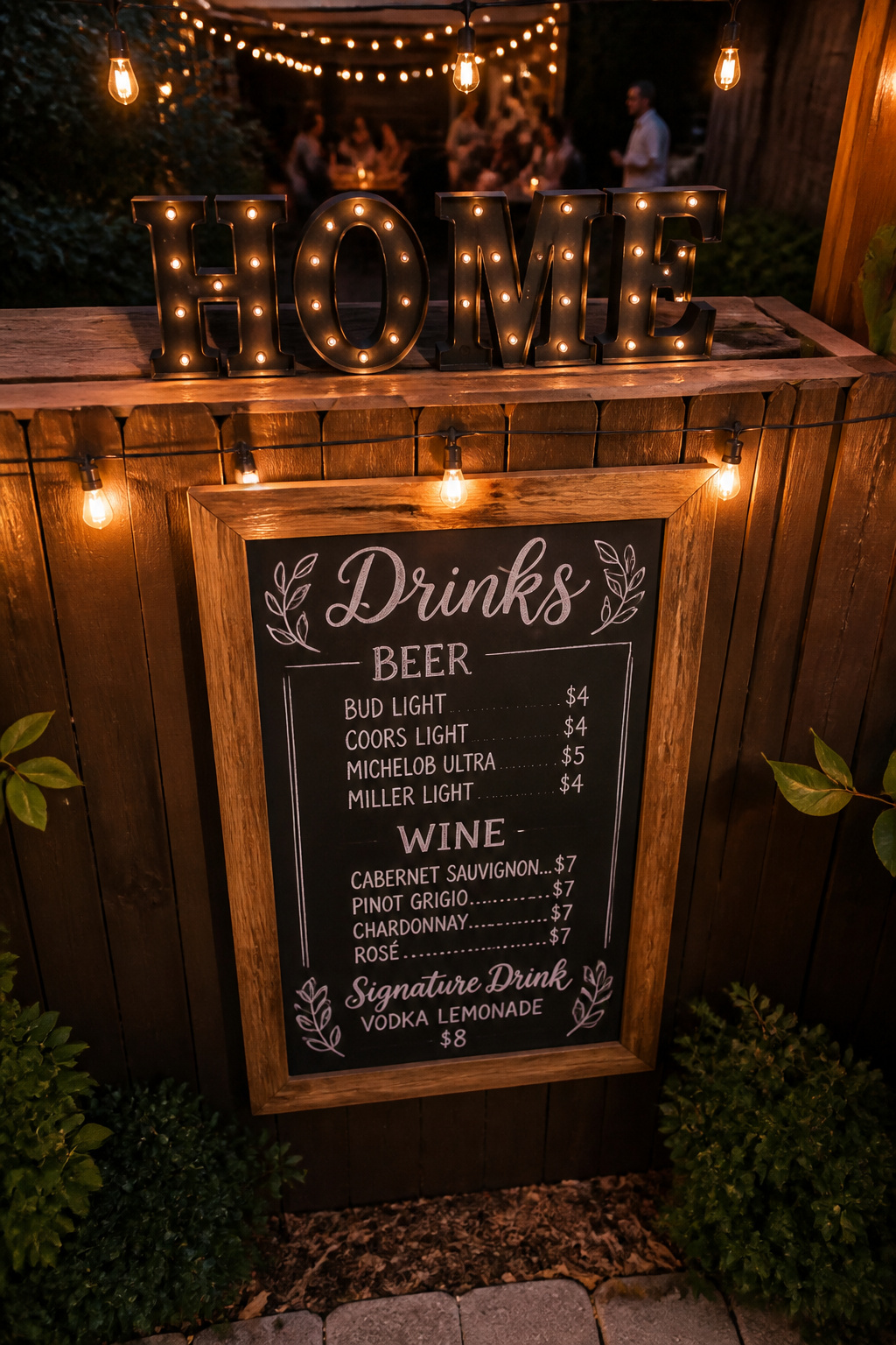 A chalk-lettered outdoor drinks menu below powder-coated marquee letters turns a pergola corner into a party-ready feature that signals the gathering was designed, not improvised.