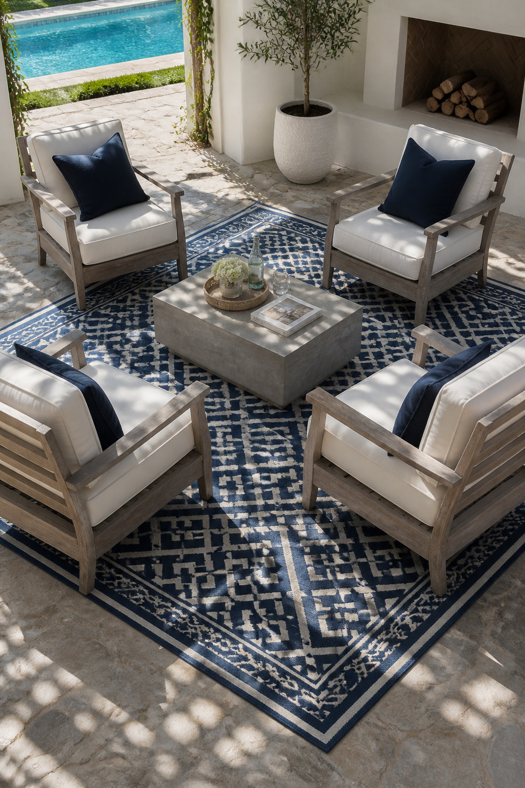 A large geometric outdoor rug pulls the entire seating arrangement together, transforming an open patio into a defined outdoor room.