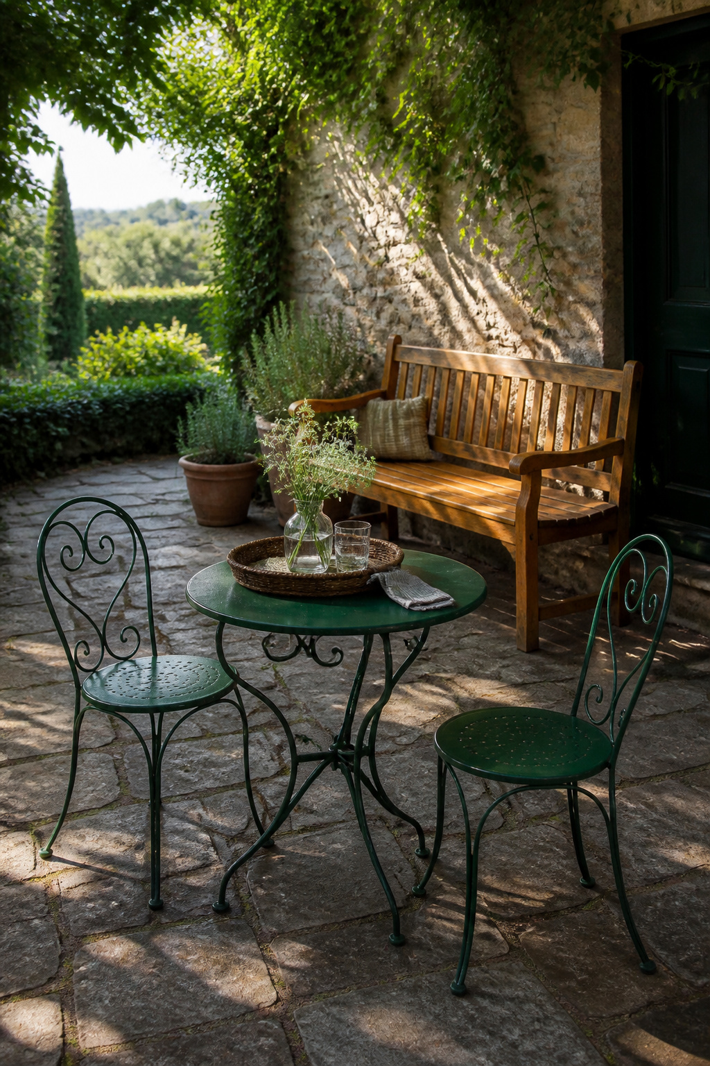 A vintage cast-iron bistro set repainted in deep forest green and a cedar bench with fresh teak oil bring decades of gathered character to a simple stone patio.