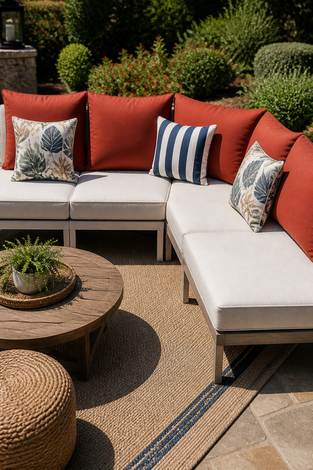 A coordinated set of terracotta, stripe, and botanical cushions transforms a neutral aluminum sectional into an outdoor room with a distinct design identity.
