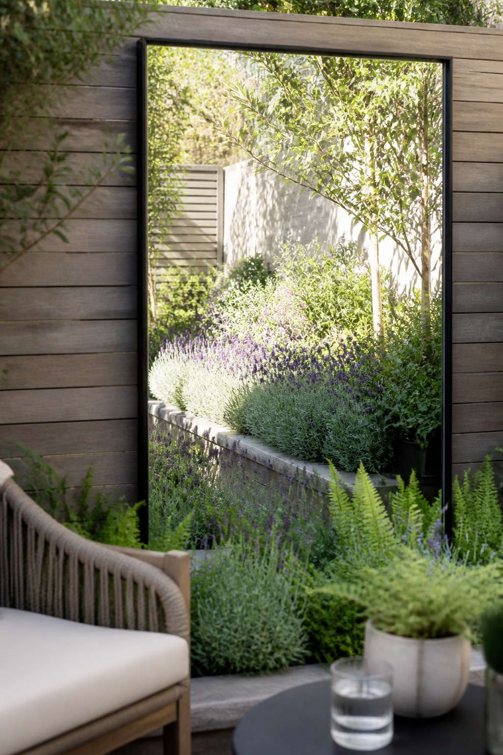 A large acrylic outdoor mirror mounted on a side fence panel reflects the planted border in front of it, visually extending a small urban garden beyond its actual boundary.