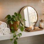 A single well-styled bathroom shelf holding rolled towels, a trailing plant, a leaning mirror, a teak tray, and apothecary jars shows how multiple decor ideas coexist in one considered arrangement.