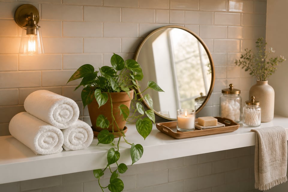 A single well-styled bathroom shelf holding rolled towels, a trailing plant, a leaning mirror, a teak tray, and apothecary jars shows how multiple decor ideas coexist in one considered arrangement.