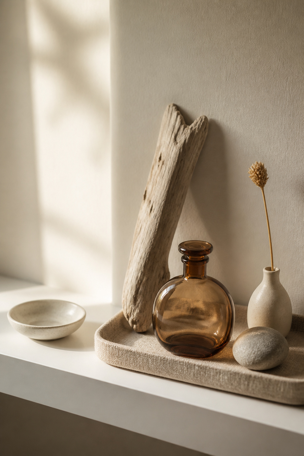 Personal found objects — driftwood, a vintage bottle, a smooth stone — arranged on a linen tray create a bathroom shelf that feels collected rather than bought.